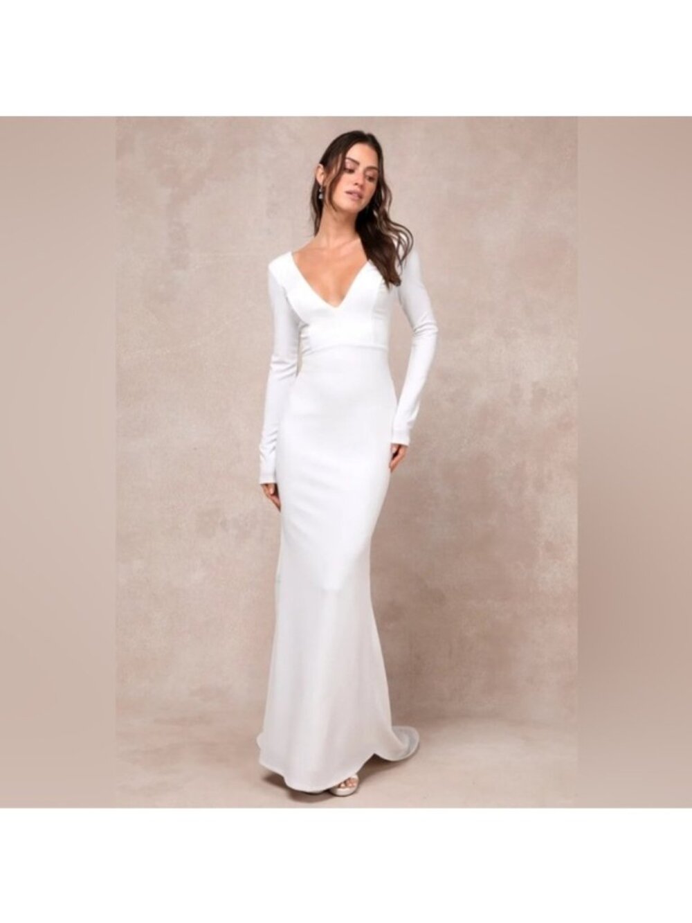 NWT Lulu’s Extravagant Love White Backless Long Sleeve Ruched Maxi Wedding Dress